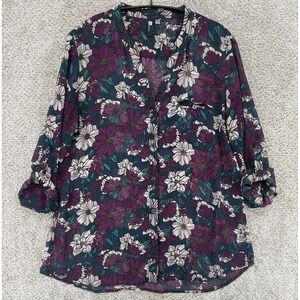 Kut From The Kloth Sheer Top Womens XL Purple Floral Button Roll Tab Office Boho